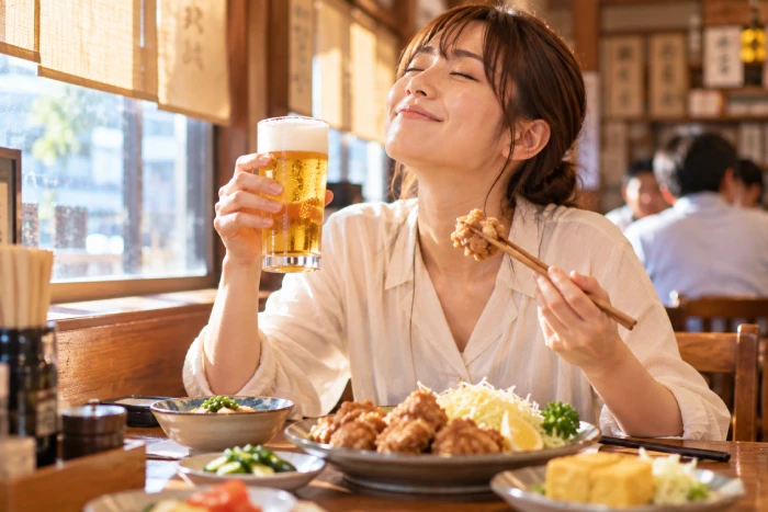 居酒屋でビールを片手に唐揚げを楽しむ女性