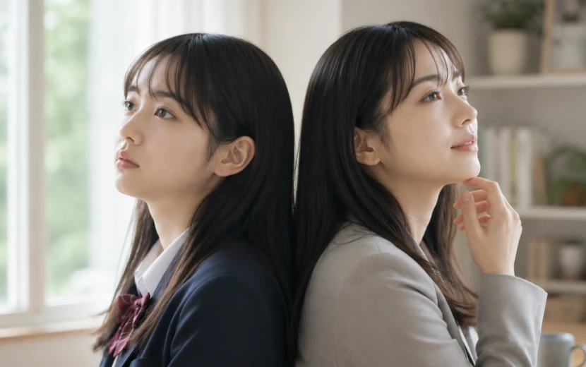 大人になった今だからドラマの面白さを理解できた社会人女性と、まだその魅力がわからない女子高生時代の自分が背中合わせに立つイメージ写真