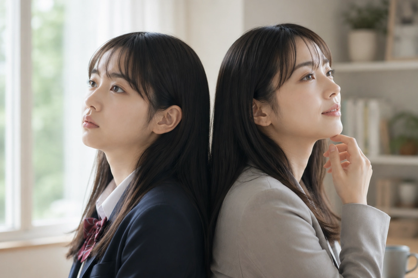 大人になった今だからドラマの面白さを理解できた社会人女性と、まだその魅力がわからない女子高生時代の自分が背中合わせに立つイメージ写真