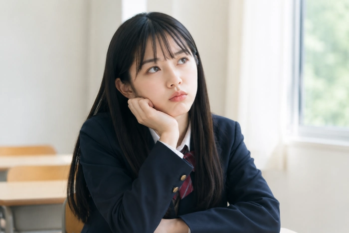 ドラマや映画の面白さが理解できず、不思議そうな表情で考え込む女子高生のイメージ写真
