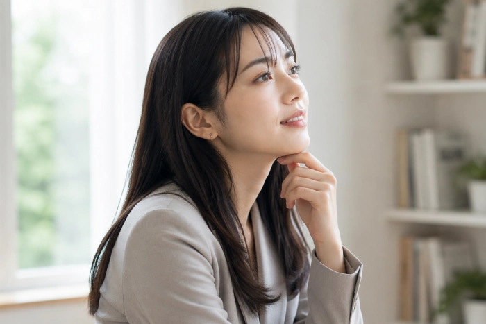 人生経験を重ねたことで新しい気づきを得て、物事の意味を深く理解した女性のイメージ写真