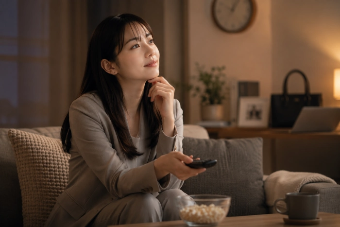ドラマを見ながら人生経験によって作品の本当の魅力に気づき、静かに納得している社会人女性のイメージ写真