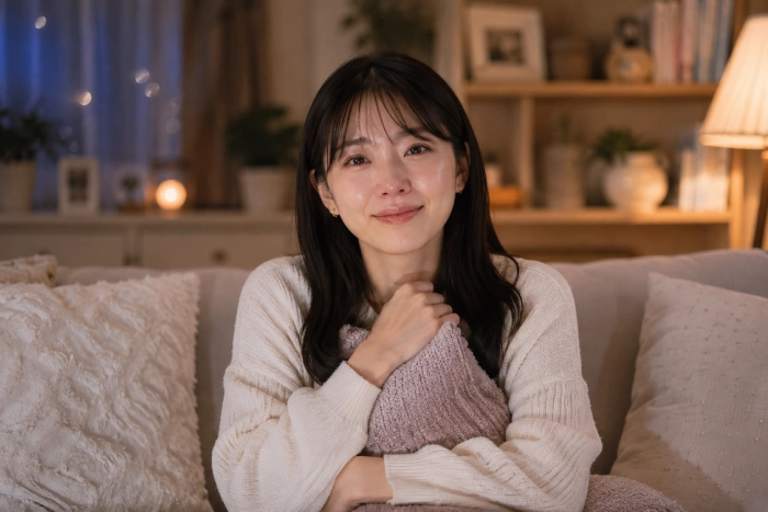 ドラマを見終えた満足感と余韻に包まれながら、穏やかな笑顔を浮かべる女性のイメージ写真