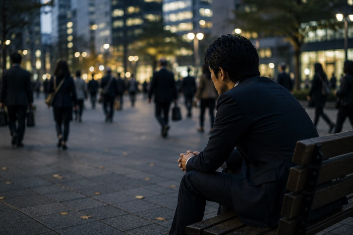 スーツ姿の男性が夕暮れの都市広場のベンチに座り、行き交う人々を見つめながら将来や仕事について思い悩んでいる様子を描いた情景