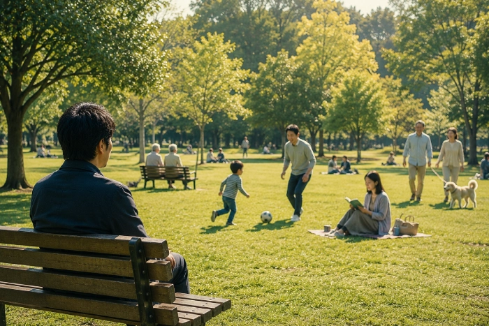 公園のベンチに座る男性が、家族団らんや読書を楽しむ人々、犬の散歩をする夫婦など、それぞれの幸せな時間を静かに見つめながら人生について考えている様子を描いた情景