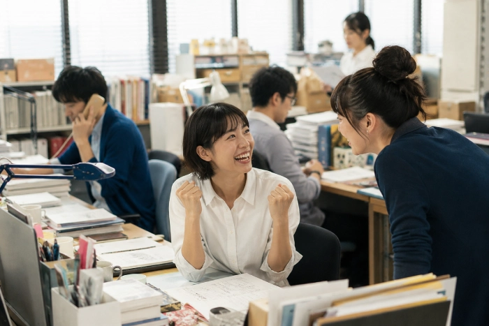 出版やコンテンツ制作の現場で働く人たちが、それぞれの役割に情熱を持ちながら協力し、一つの目標に向かって前向きに仕事へ取り組んでいる様子を描いた情景