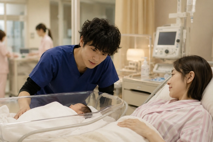 医療従事者が新しい命の誕生を見守りながら、家族とともにかけがえのない瞬間を支えている様子を描いた情景