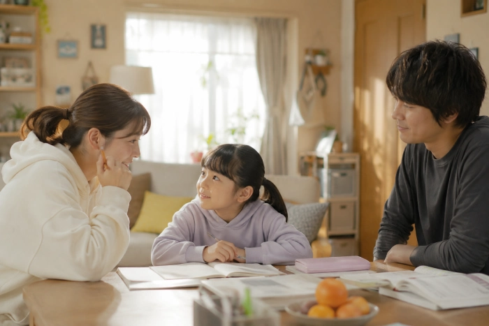 家族が食卓を囲みながら穏やかな時間を過ごし、お互いを思いやる温かなつながりや日常の幸せを感じられる様子を描いた情景