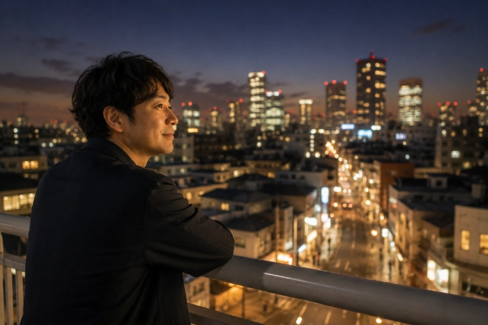 夜景を見下ろしながら穏やかな表情で未来を見つめ、自分らしい生き方やこれからの人生について前向きに考えている男性の様子を描いた情景