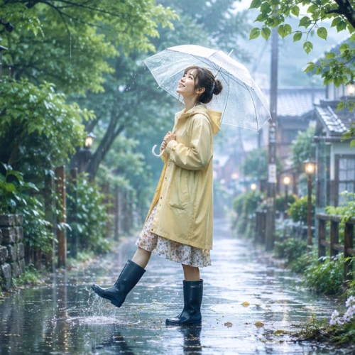 雨の日の緑豊かな遊歩道で、透明な傘を差した20代前半の日本人女性が空を見上げながら微笑んでいる。レインコートと長靴姿で水たまりを楽しむ様子が印象的で、雨に濡れた木々や街並みが幻想的な雰囲気を演出している。雨を前向きに楽しむ気持ちが伝わる一枚。