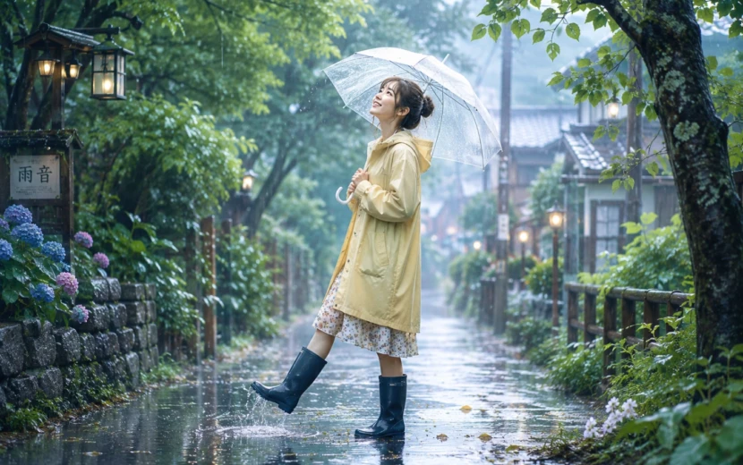 雨の日の緑豊かな遊歩道で、透明な傘を差した20代前半の日本人女性が空を見上げながら微笑んでいる。レインコートと長靴姿で水たまりを楽しむ様子が印象的で、雨に濡れた木々や街並みが幻想的な雰囲気を演出している。雨を前向きに楽しむ気持ちが伝わる一枚。