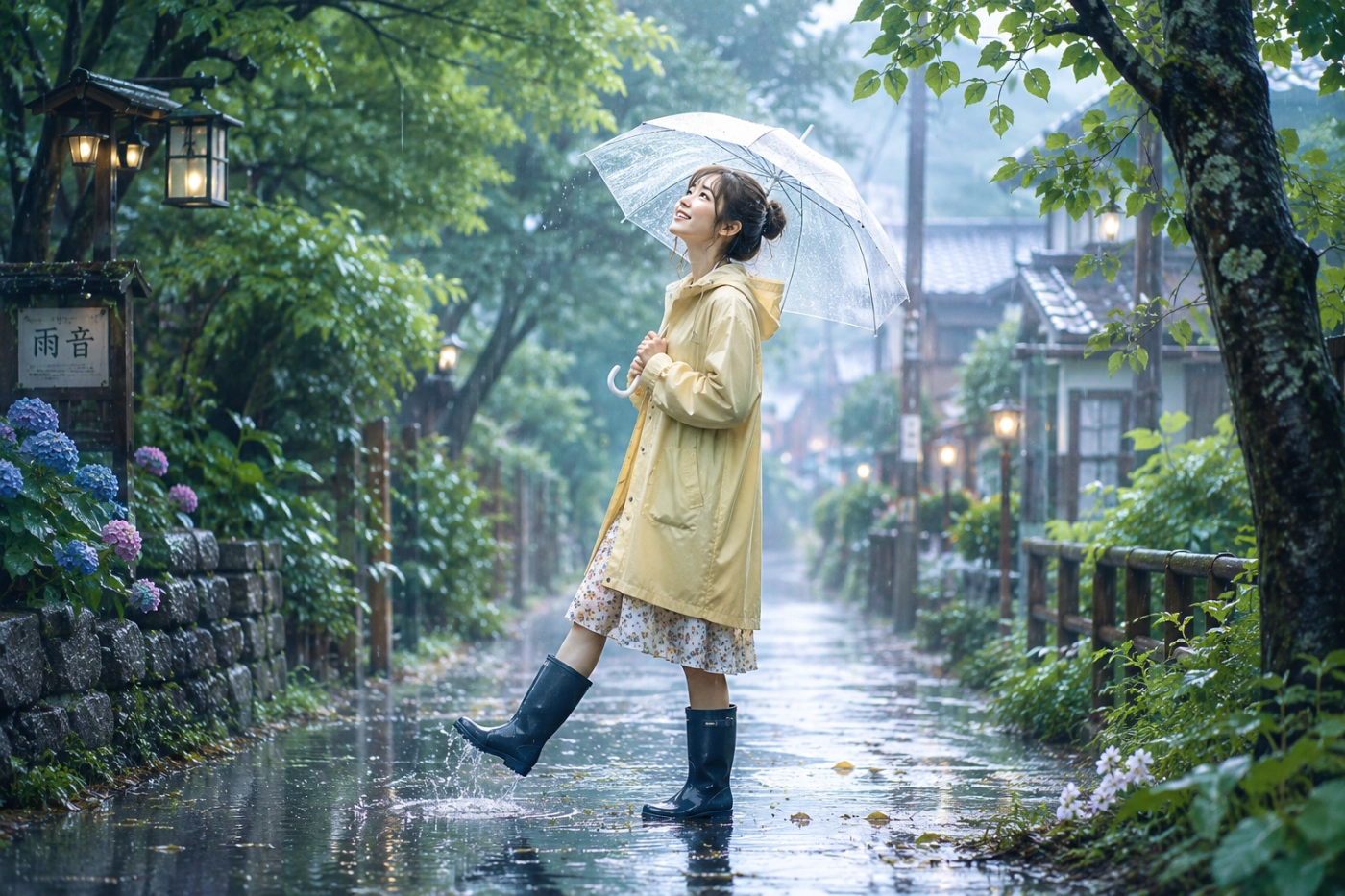 雨の日の緑豊かな遊歩道で、透明な傘を差した20代前半の日本人女性が空を見上げながら微笑んでいる。レインコートと長靴姿で水たまりを楽しむ様子が印象的で、雨に濡れた木々や街並みが幻想的な雰囲気を演出している。雨を前向きに楽しむ気持ちが伝わる一枚。