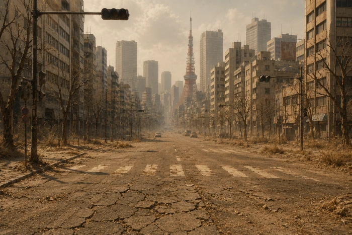 10年間雨が降らなかった未来の都市を描いた風景。ひび割れた道路や枯れた街路樹、汚れたビルが広がり、空気には土ぼこりが漂っている。かつて人々で賑わっていた街が乾燥によって荒廃し、雨の大切さを感じさせる光景。