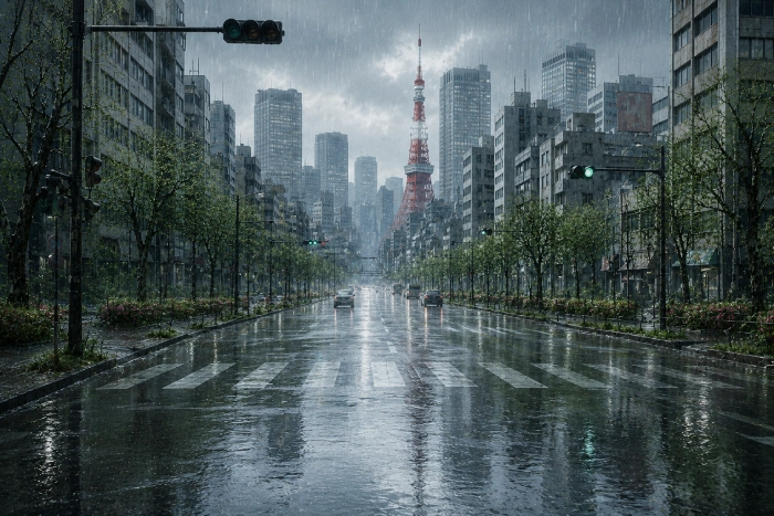 雨に濡れた都市の風景。道路や建物の汚れが雨によって洗い流され、街路樹の緑が鮮やかによみがえっている。雨が街全体をきれいに整え、自然と都市が調和して見える光景。