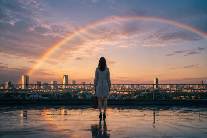 雨上がりの屋上から街を見渡す女性の後ろ姿。濡れた地面に夕暮れの光が反射し、空には大きな虹がかかっている。雨のあとに訪れる穏やかな希望や、新しい一歩を感じさせる風景。