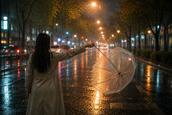 雨の夜の街で、女性が透明な傘を手放すように持ちながら立っている後ろ姿。濡れた道路には街灯や車の光が反射し、降り続く雨の中で新しい決意や人生の転機を感じさせる幻想的な風景。