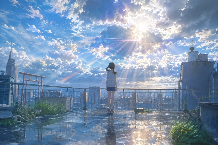 雨上がりの屋上に立つ一人の少女が、光が差し込む広い空を見上げている。濡れた地面には空の光が反射し、雲の切れ間から差し込む陽光が街並みを照らす。雨のあとに訪れる希望や新しい始まりを感じさせる幻想的な風景。