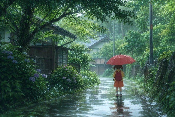 雨が降る緑豊かな小道に立つ子どもの後ろ姿。濡れた道には雨粒が反射し、木々や草花が生き生きと輝いている。静かな雨の日ならではの発見や冒険が始まりそうな、どこか懐かしく温かい雰囲気の風景。