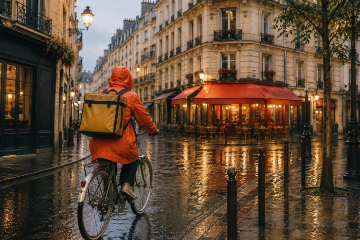 雨に濡れたヨーロッパ風の街並みを、自転車に乗った配達員が走っている。鮮やかなレインコートと配達用バッグが印象的で、石畳の道路には街灯や建物の灯りが反射している。雨の日ならではの風情と活気を感じさせる街の風景。
