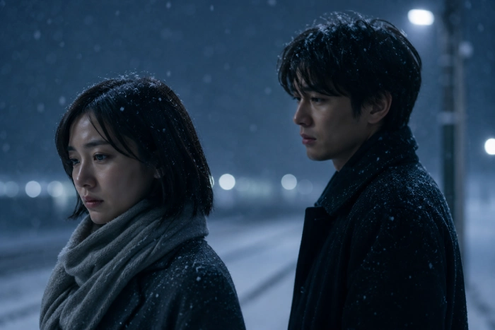 雪が降る夜に距離を置いて立つ男女が、それぞれ複雑な思いを抱えているような表情を見せるシーン