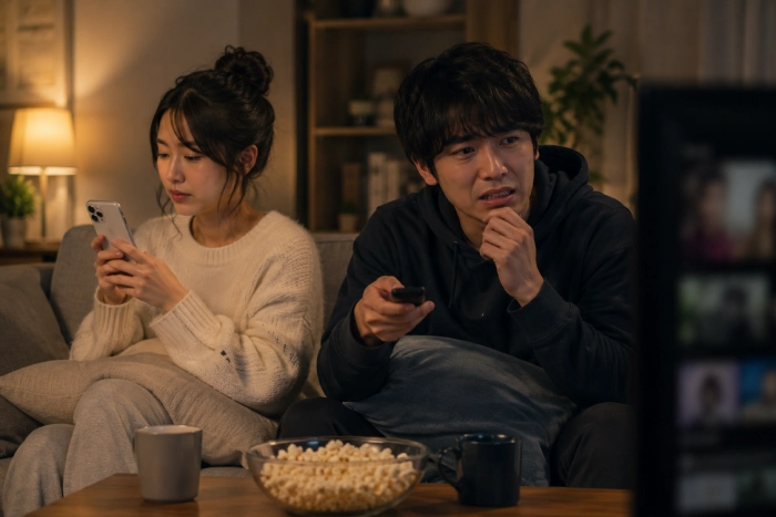 ソファーでスマホを見る女性の隣で、男性がドラマ選びに悩みながらテレビを見つめている夜のリビングのシーン