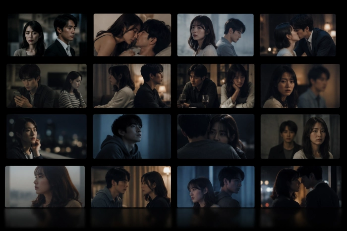 動画配信サービスの作品一覧画面に、大人向けの恋愛ドラマや人間関係をテーマにした作品が並んでいるイメージ