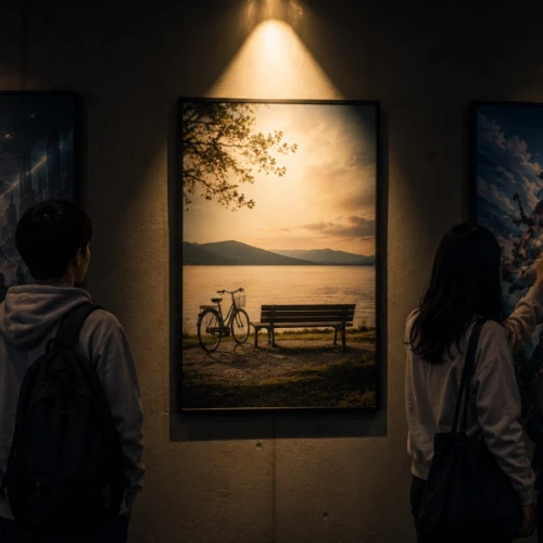 若者たちが別の映画ポスターに目を向ける中、スポットライトに照らされた一枚だけが静かに飾られている映画ギャラリーの風景
