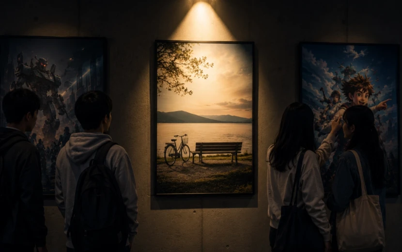 若者たちが別の映画ポスターに目を向ける中、スポットライトに照らされた一枚だけが静かに飾られている映画ギャラリーの風景