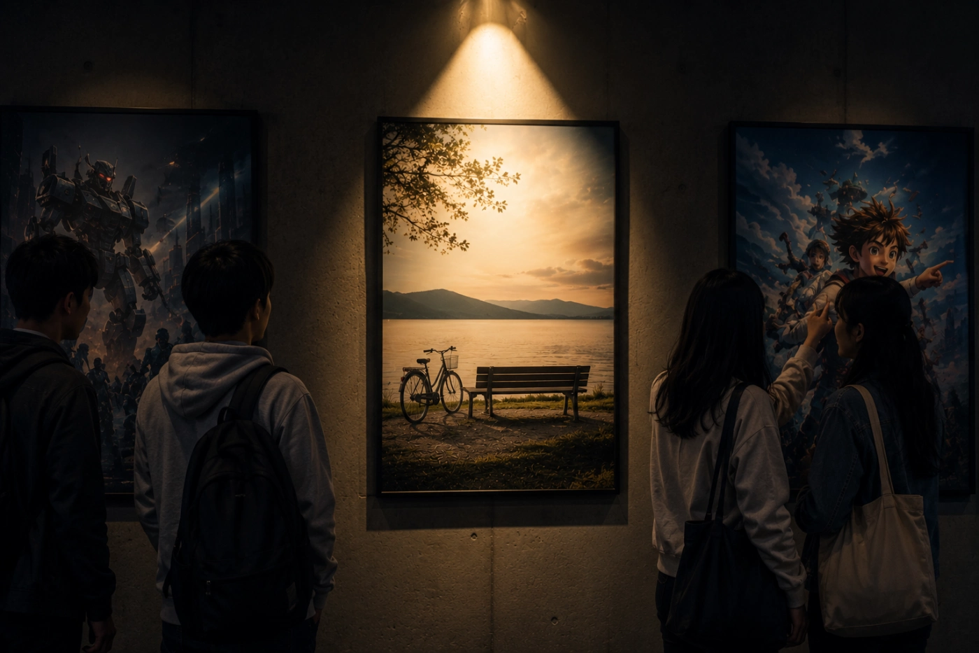 若者たちが別の映画ポスターに目を向ける中、スポットライトに照らされた一枚だけが静かに飾られている映画ギャラリーの風景
