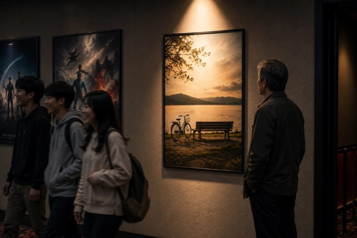 若者たちが通り過ぎる中、一人の中年男性だけが静かに映画ポスターを見つめる映画館ロビーの風景