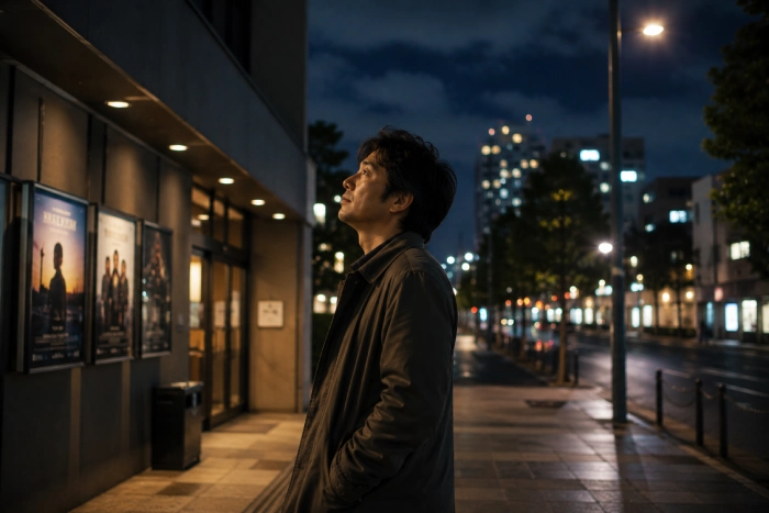 映画館を出た後、夜の街で空を見上げながら静かに余韻に浸る男性のワンシーン