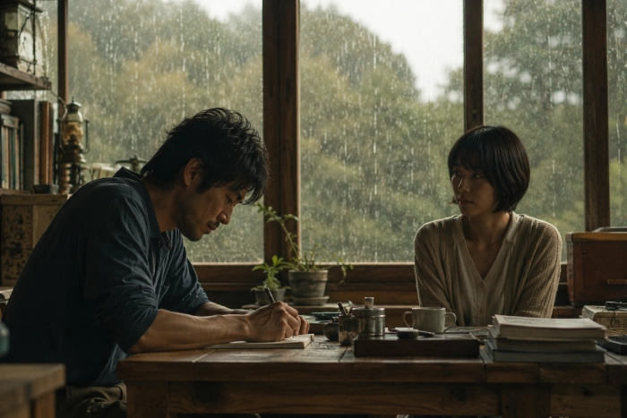 雨が降る窓辺の静かな部屋で、向かい合いながら穏やかな時間を過ごす男女のワンシーン