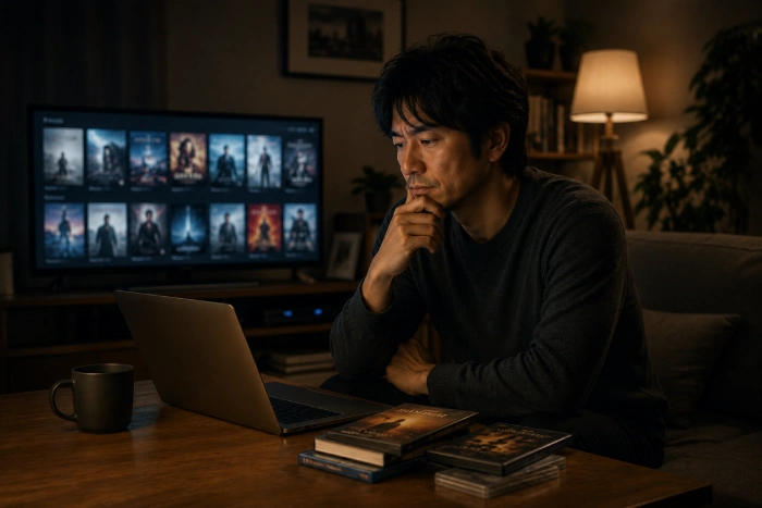 ノートパソコンで映画を探しながら、テーブルに置かれたDVDケースを前に考え込む男性のワンシーン
