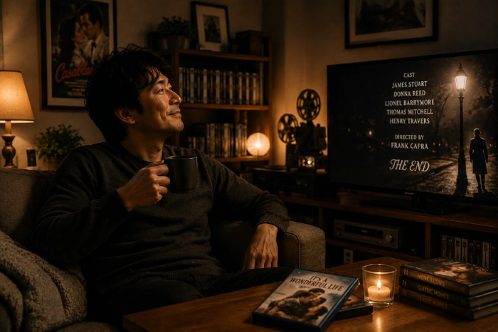 映画のエンドロールを眺めながら、コーヒーを片手に満足そうな表情で余韻に浸る男性のワンシーン