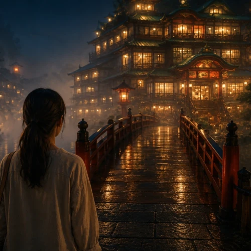 幻想的な夜の橋の先に灯りがともる和風建築を見つめる女性。ジブリ作品の世界観を思わせる風景イメージ