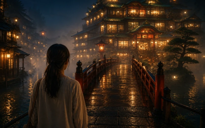 幻想的な夜の橋の先に灯りがともる和風建築を見つめる女性。ジブリ作品の世界観を思わせる風景イメージ