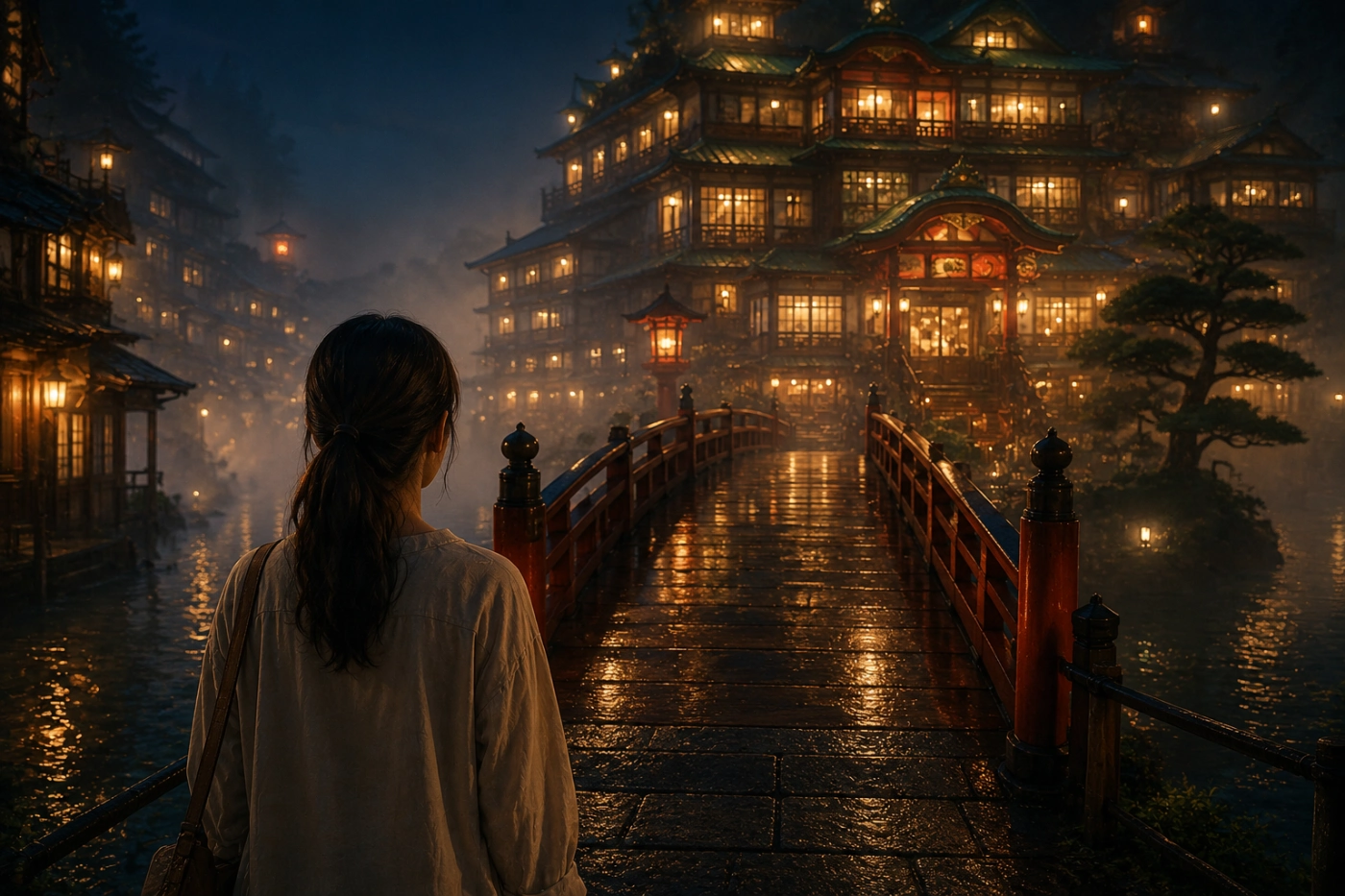幻想的な夜の橋の先に灯りがともる和風建築を見つめる女性。ジブリ作品の世界観を思わせる風景イメージ