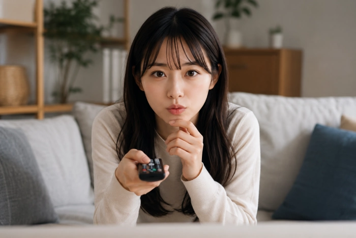 動画サービスで見たい作品を探しながらテレビを見つめる女性