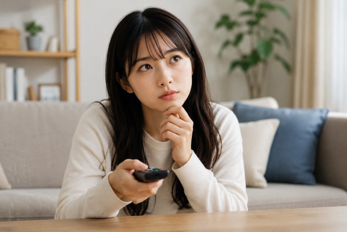 リモコンを持ちながら見たい作品を探して考え込む女性