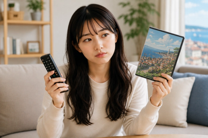 リモコンとDVDを手に持ち、どちらで作品を見るか迷う女性