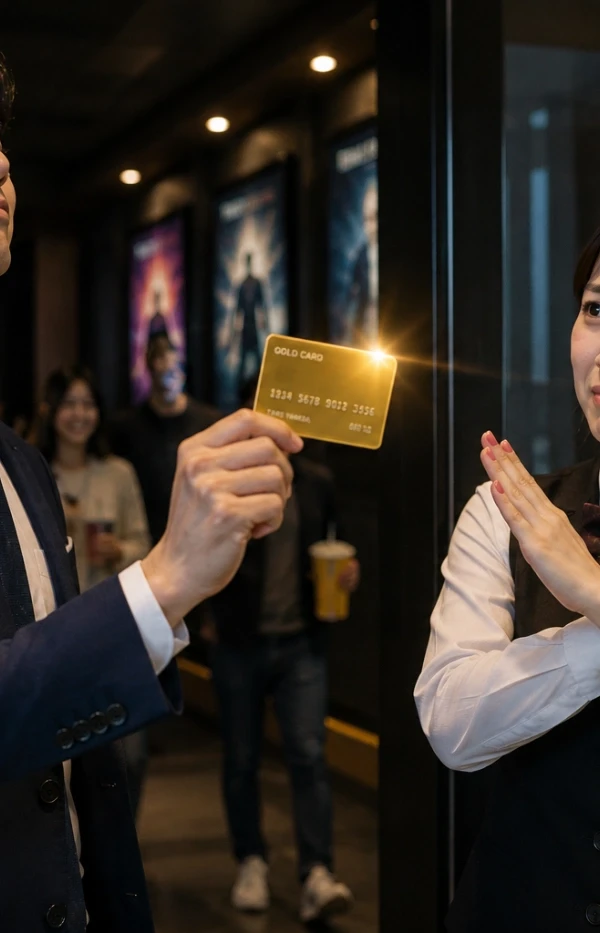 映画館の入場口でゴールドカードを差し出す男性と、困った表情で断る女性スタッフ