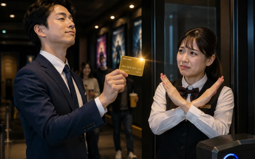 映画館の入場口でゴールドカードを差し出す男性と、困った表情で断る女性スタッフ