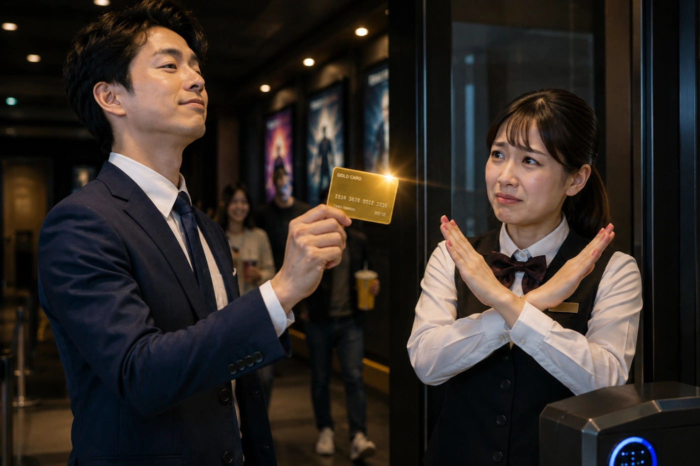 映画館の入場口でゴールドカードを差し出す男性と、困った表情で断る女性スタッフ
