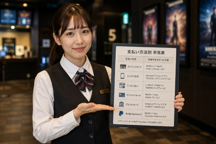 映画館スタッフの女性が支払い方法の早見表を笑顔で案内している