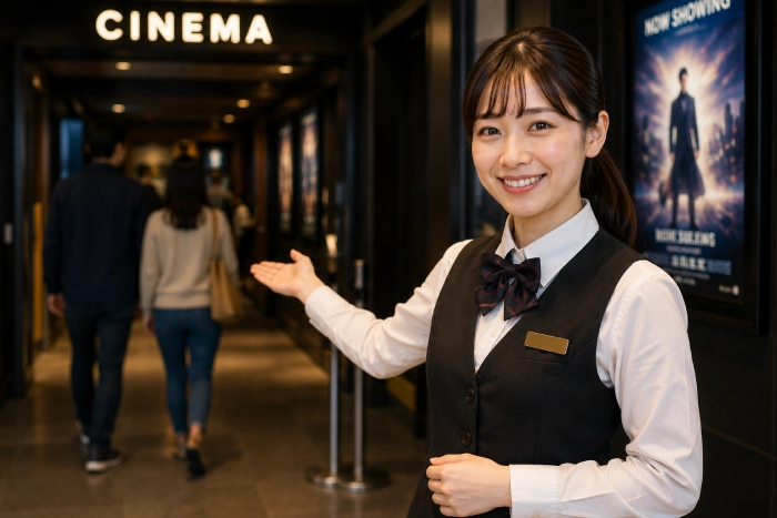 映画館の女性スタッフが笑顔で入場口を案内し、来場者が映画館へ入っていく様子