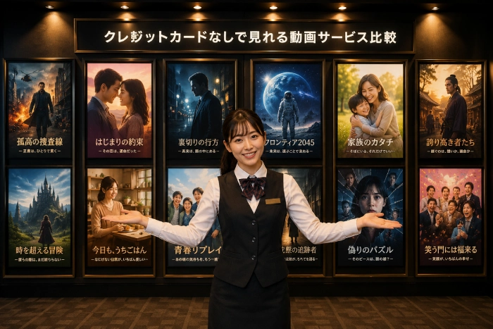 映画館スタッフの女性がさまざまなジャンルの映画ポスターを笑顔で案内している