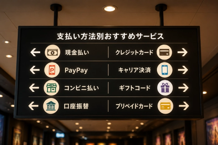支払い方法ごとの案内看板が映画館の天井に設置されている様子