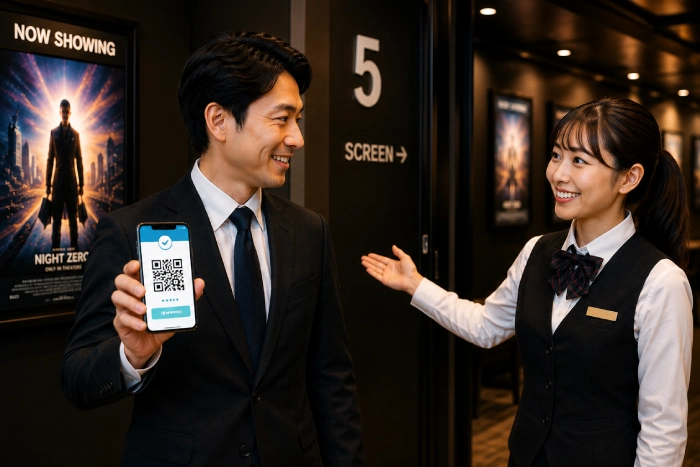 スマホのQRコード決済画面を見せる男性を映画館スタッフが笑顔で案内している