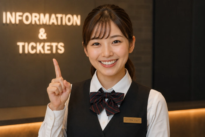 笑顔の映画館スタッフが案内するようなポーズで来場者へ説明している