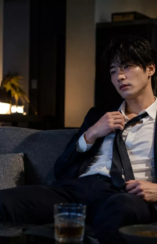 仕事から帰宅したスーツ姿の男性がネクタイを緩めながらソファでドラマを見てくつろぐ夜のリビング風景